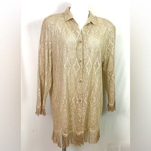 Vintage, gold, lace glitter, duster jacket with fringe size large